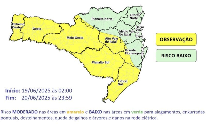 Chuva intensa volta a atingir Santa Catarina entre quinta e sexta-feira, alerta Defesa Civil