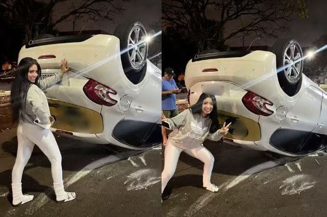 Condutora tira foto ao lado de Peugeot de ponta-cabeça