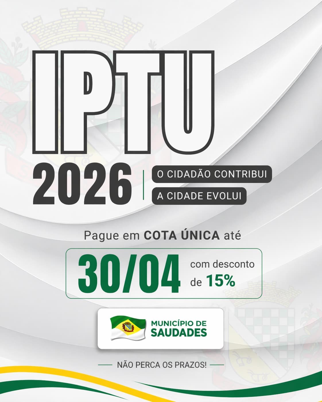 IPTU com 15% de desconto pode ser pago até 30 de abril em Saudades