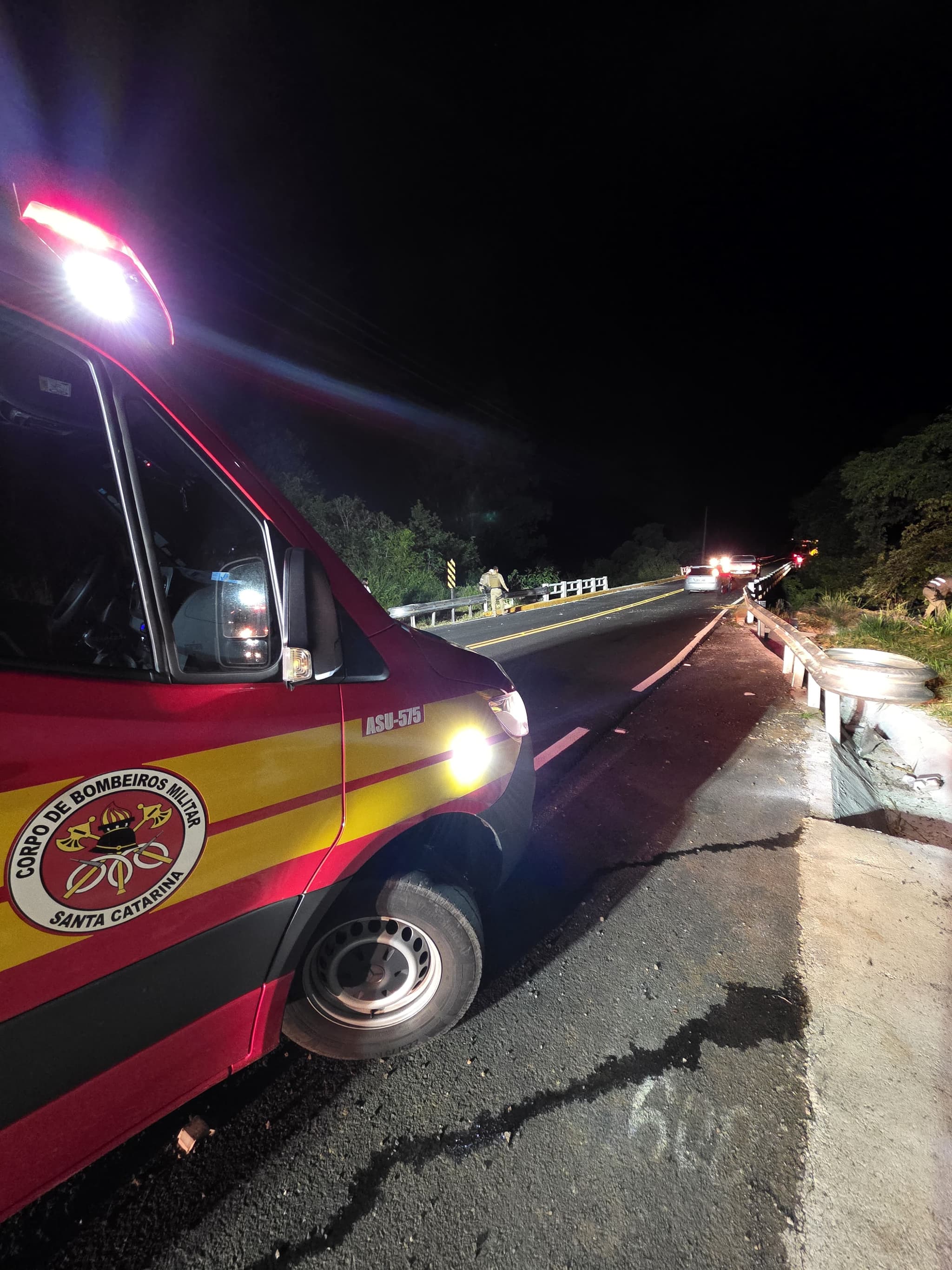 Caminhão sai da pista e cai de ponte na SC-283 entre Palmitos e São Carlos